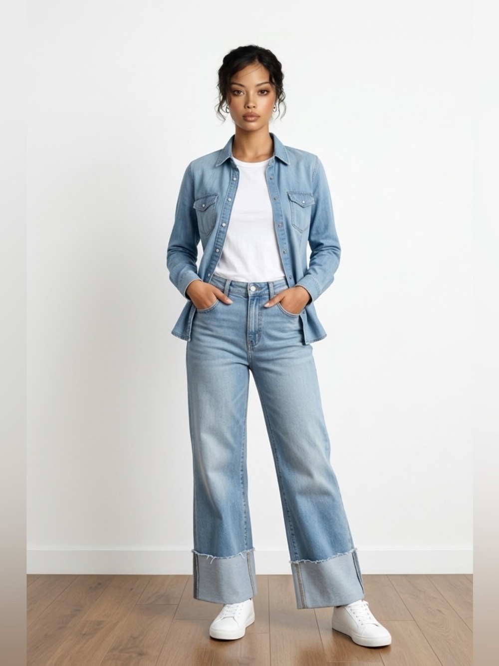 Indigo Rein Light Blue Flare Wide Leg Jeans Cuffed | Trendy